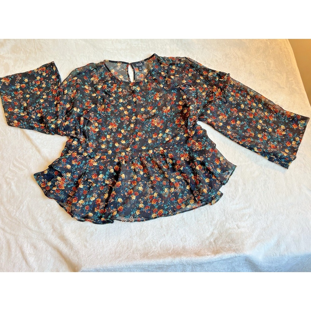 A.N.A Sheer Floral LS Blouse Sz XL